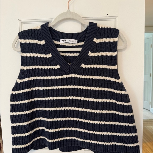 Zara Sweaters - Zara Navy and Cream Striped V-Neck Sweater Vest